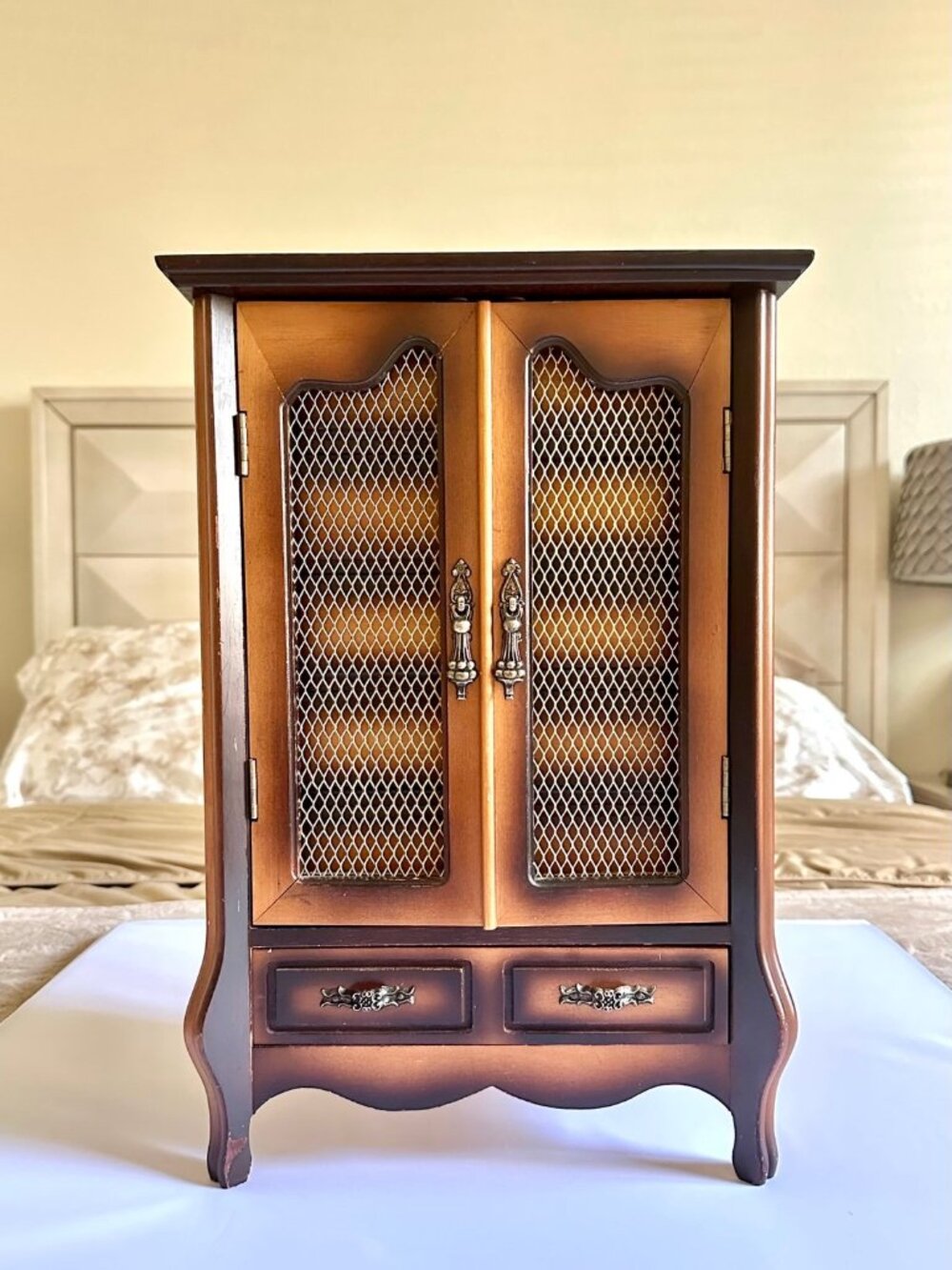 Vintage Solid Wood Sankyo-Japan Musical Jewelry Box Armoire With Drawers